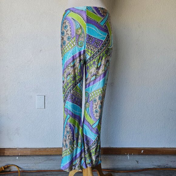 Vintage Pants - Vintage 70s Paisley Hippie Disco Purple Green Blue Stretch Flare Leggings XS/S